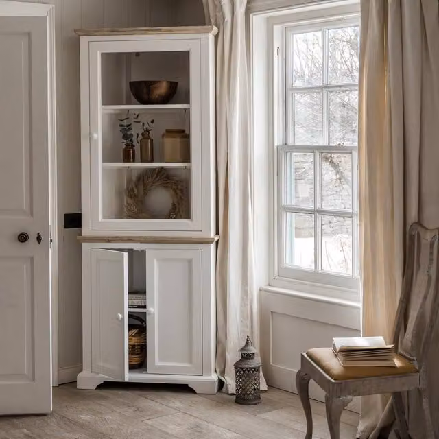 Statement Furniture Florence Corner Display Cabinet with Glass Doors in White, W78cm x D35cm x H200cm