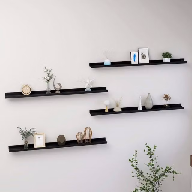 Berkfield Home Set of 4 Black Wall Mounted MDF Shelves, W: 100 cm, D: 9 cm, H: 3 cm – 1