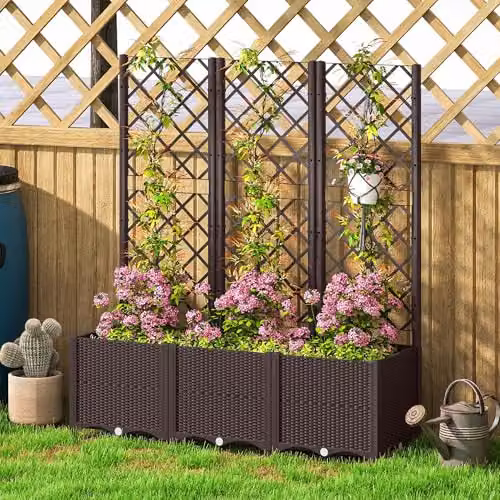 Outsunny Raised Garden Bed with Trellis in Brown Plastic WPC for Vegetable and Herb Gardens, W/D/H: 140 x 40 x 40 cm – 5