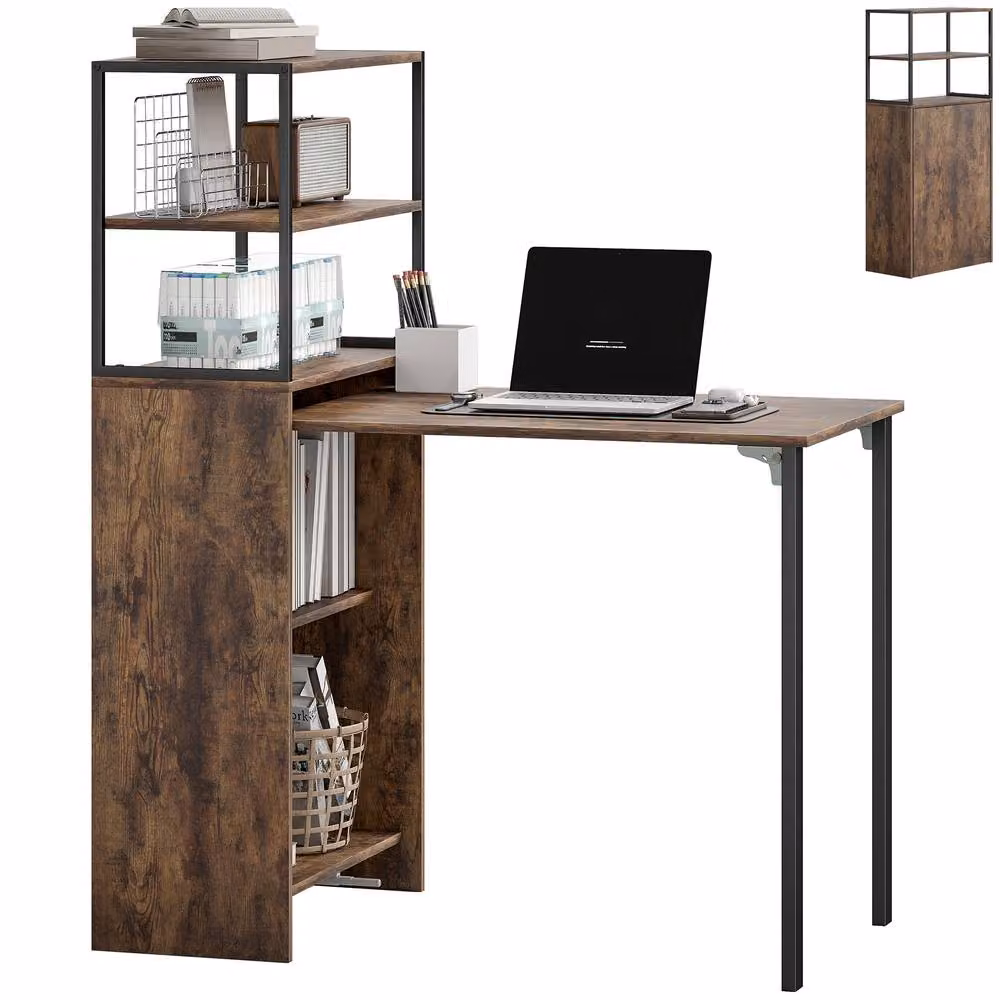 HOMCOM Foldable Computer Desk in Rustic Brown, W: 105 cm, D: 60 cm, H: 76.5 cm – 2