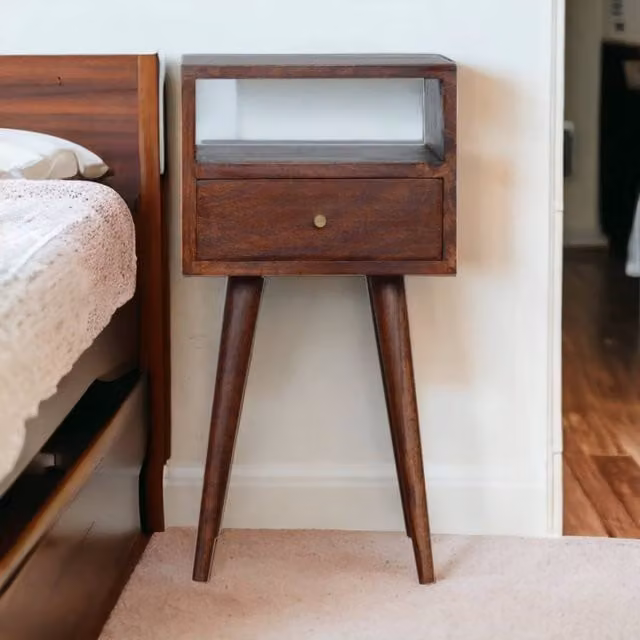 Direct Wicker Mini Cherry Solid Wood Bedside Table with 1 Drawer and Open Shelf in Dark Brown W/D/H: 30 x 30 x 57 cm – 1
