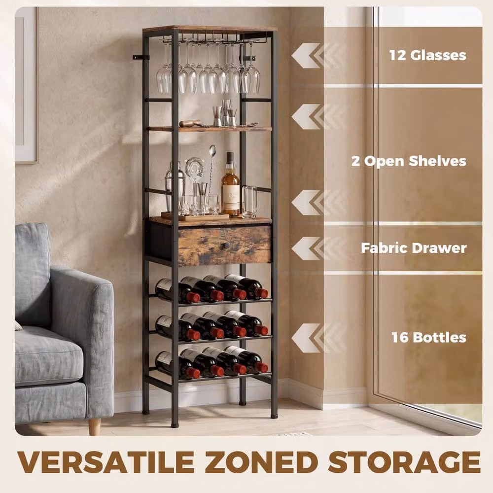 HOMCOM Industrial Wine Bar Cabinet in Rustic Brown with 16-Bottle Rack and Glass Holder – 4