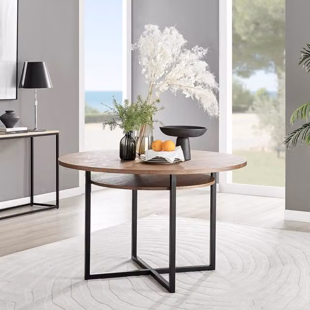 FurnitureboxUK Adley Round Industrial Dining Table with Storage Shelf in Brown and Black
