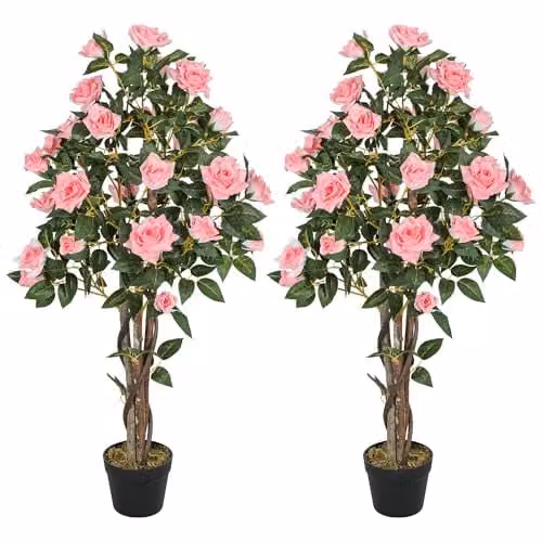 HOMCOM Set of 2 Pink Faux Silk Rose Artificial Trees, Height: 110 cm