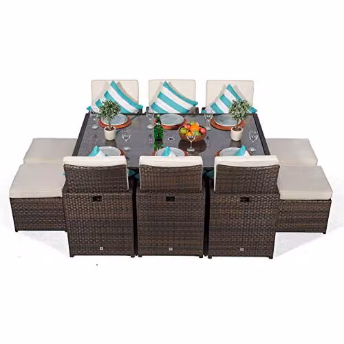 Giardino Rattan Cube Garden Dining Set in Brown with Table, Chairs, 4 Stools, Parasol and Cover, W/D/H: 182 x 120 x 74 cm – 2