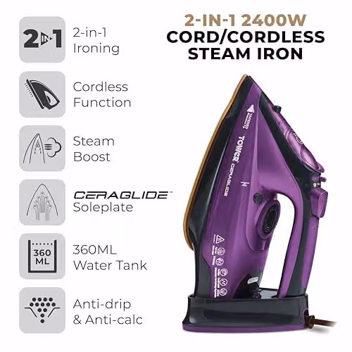 Tower T22008 CeraGlide Cordless Steam Iron with Ceramic Non-Stick Soleplate and Anti-Calc Function, 2400 W, Black in Purple – 2