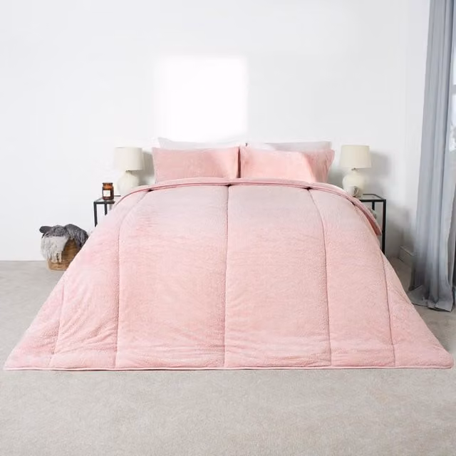 OHS Coverless 10.5 Tog Teddy Duvet and Pillowcase Set, Pink, Double