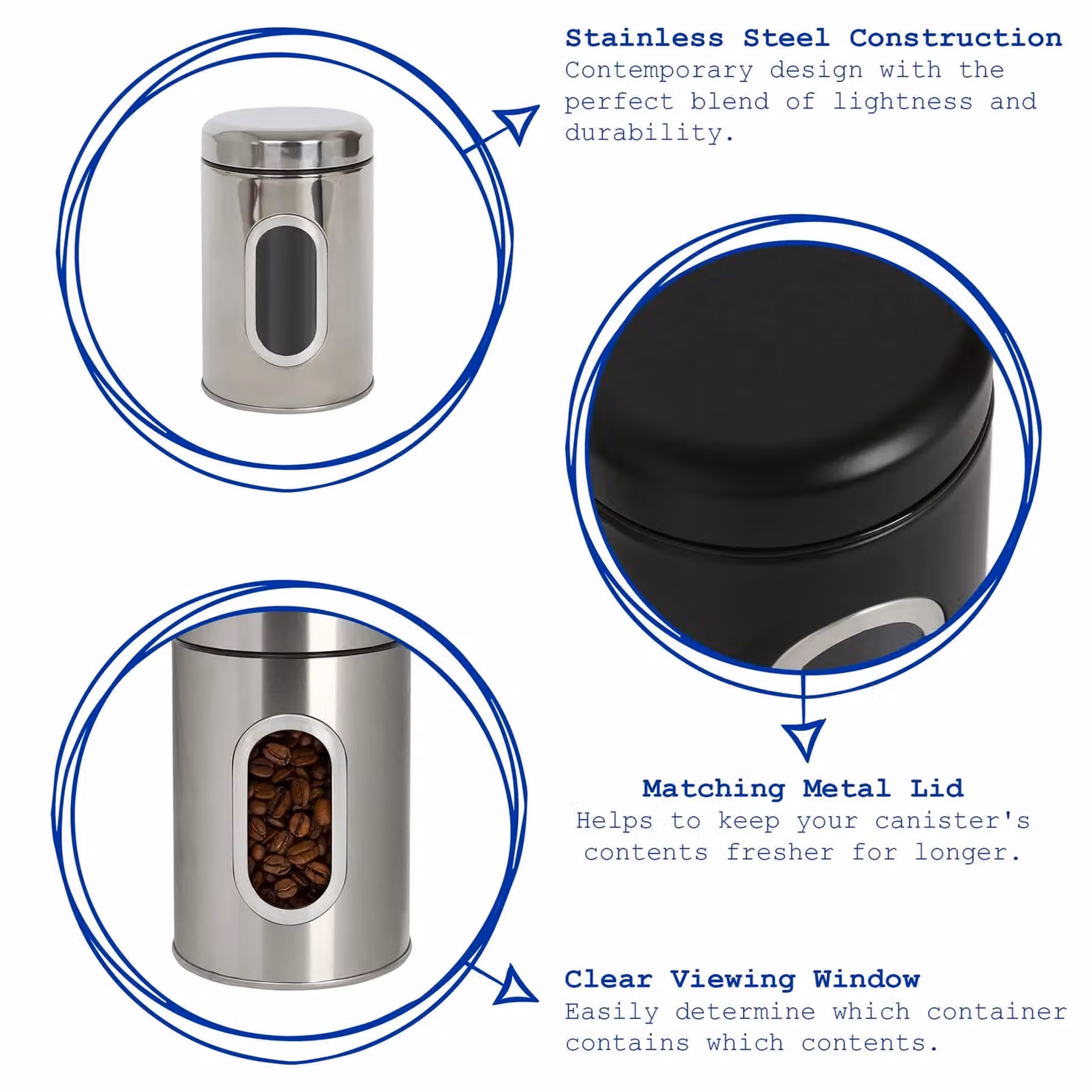 Harbour Housewares 3-Piece Stainless Steel Tea, Coffee and Sugar Canister Set with Transparent Window in Metallic Silver – 2