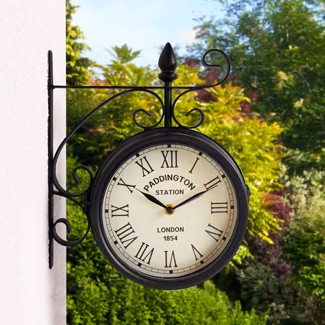 Charles Bentley Paddington Black Metal Double Sided Round Outdoor Wall Clock – 1