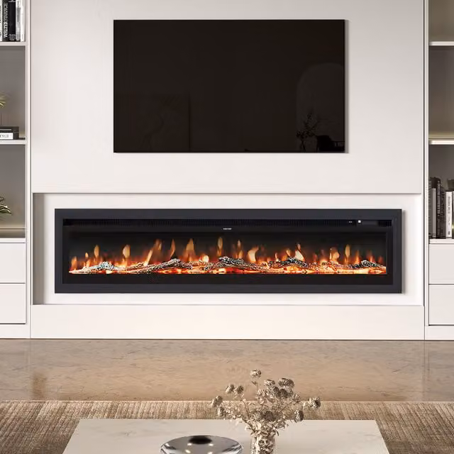 Livingandhome Black Wall-Mounted Recessed Electric Fireplace with Glass Front