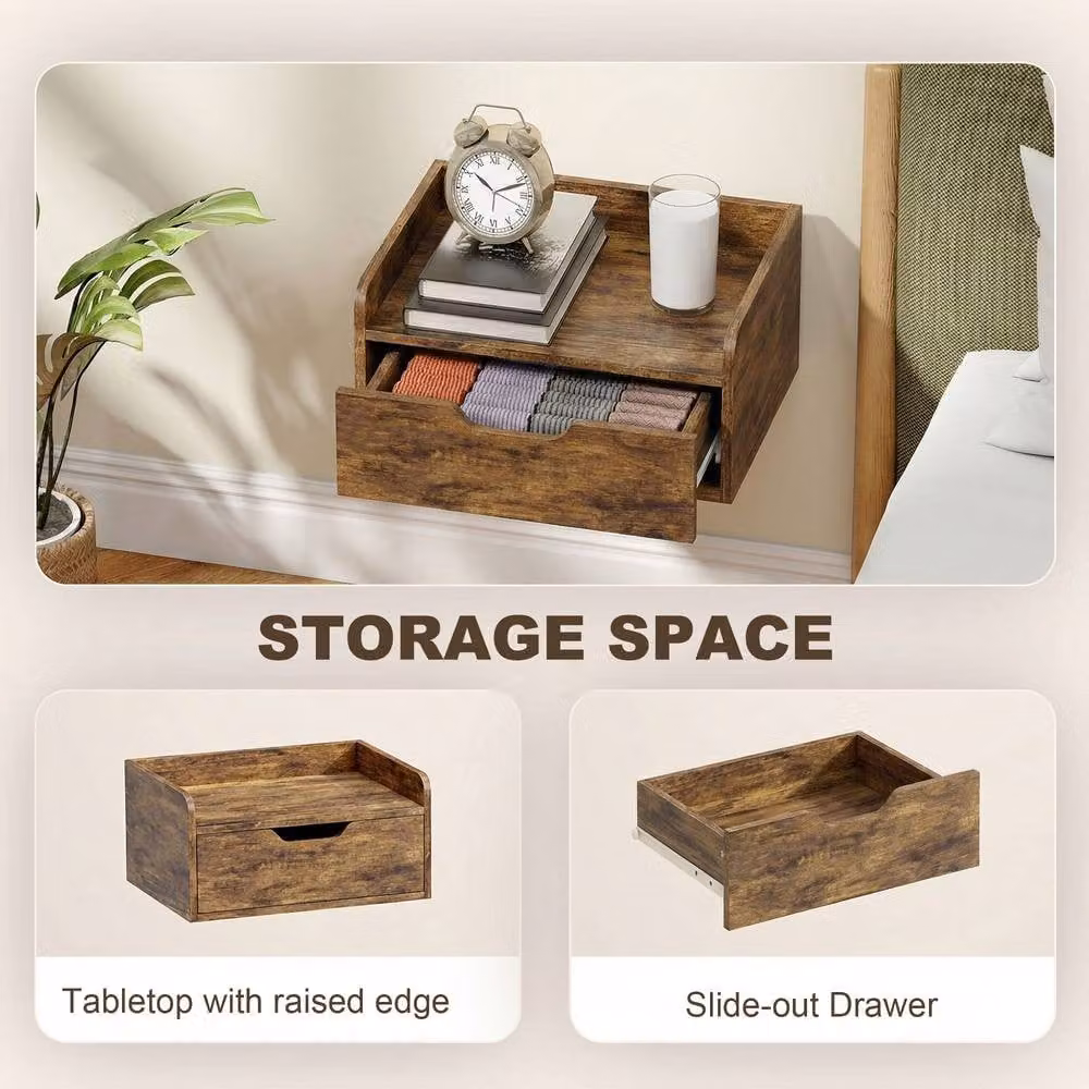 HOMCOM Set of 2 Modern Wall-Mounted Floating Nightstands with Drawer in Rustic Brown – 4