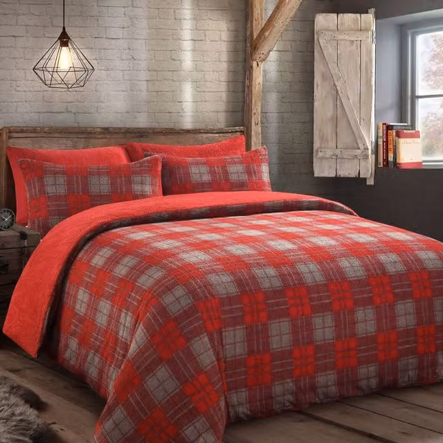 VELOSSO Red Checked Fleece Duvet Cover and Pillowcase Set, W/D/H: 140 x 200 cm