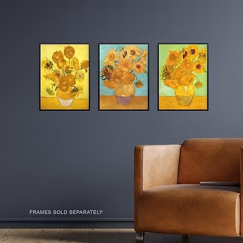 Artery8 Pack of 3 Vincent Van Gogh Sunflowers Collection Unframed Paper Poster Wall Art Prints, Yellow Floral Botanical Set – 2