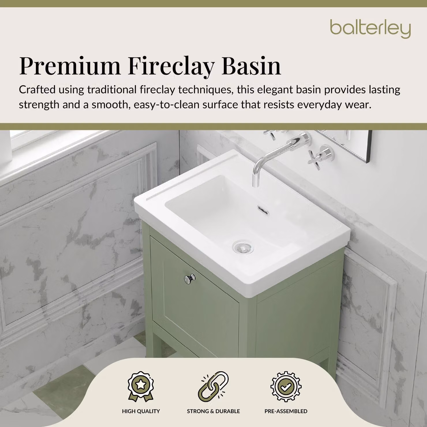 Balterley Bathroom 1 Soft Close Drawer Floor Vanity Unit with Basin, Green, W: 53.1 cm – 2