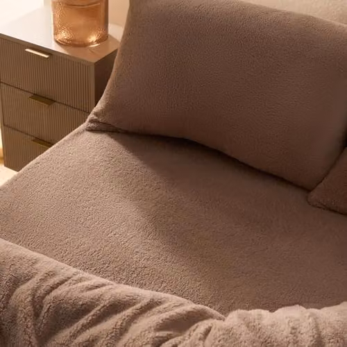 OHS Teddy Fleece Thermal Fitted Sheet, Brown/Beige, W/D/H: 200 x 180 x 25 cm – 1