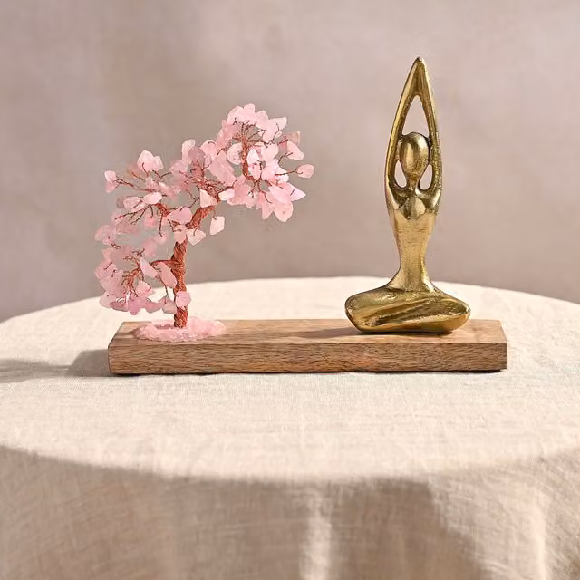 Serenity Rose Quartz Gemstone Tree Yoga Ornament in Pink, Gold and Multicolour – 1