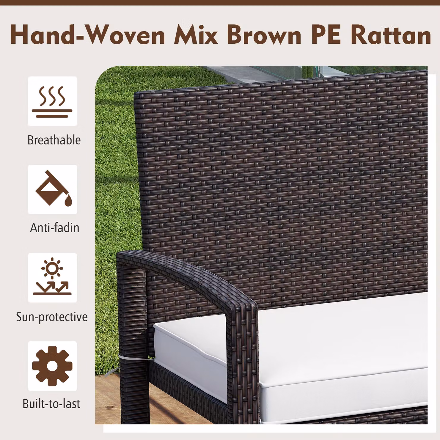 Costway White Polyrattan 2-Seat Patio Loveseat with Soft Fabric Cushions and Metal Frame – 3