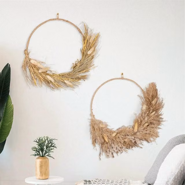 Marco Paul Set of 2 Brown Rustic Round Artificial Dried Flower Wreaths with Leaves