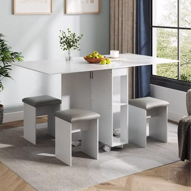 Komore Modern White Rectangular Drop Leaf Folding Dining Table and Chairs Set