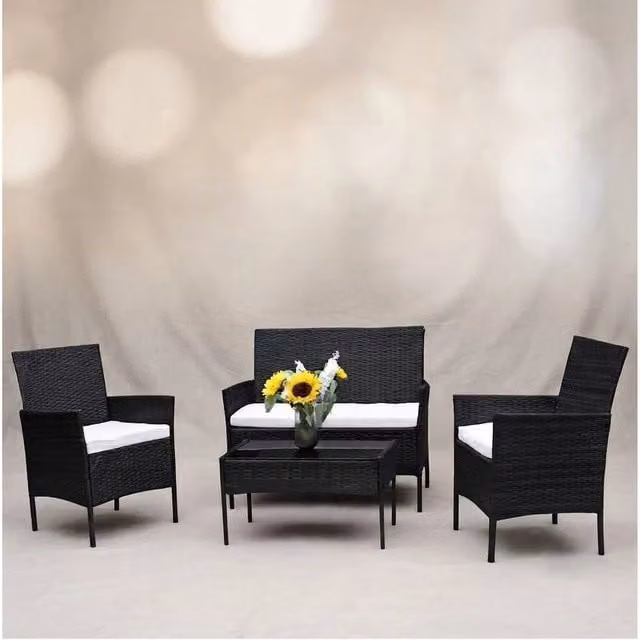 SPETLEK 4-Piece Black Polyrattan Garden Furniture Set with Upholstered Cushions – 1