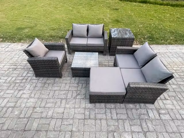 Fimous Modern Polyrattan Garden Furniture Set in Dark Grey with Lounge Armchair, Coffee Table, Ottoman and Cushions