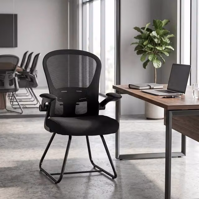 FORGEVIO Black Fabric Conference and Reception Chair with Armrests – 1