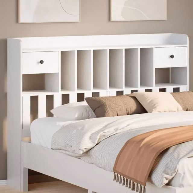 Berkfield Home White Solid Wood Pine Headboard with Integrated Nightstands and Shelf, 150 cm – 1