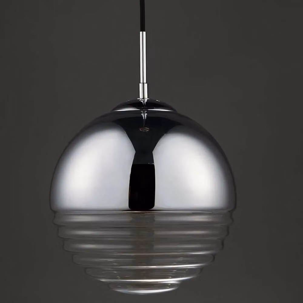 Loops Chrome and Ribbed Glass Sphere Hanging Ceiling Pendant Light in Transparent – 2