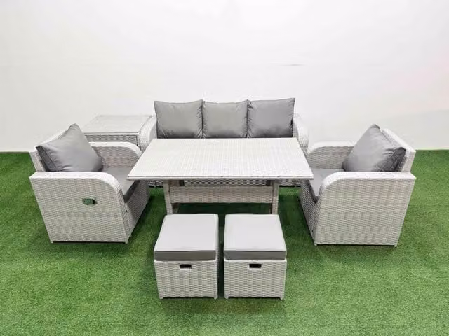 Fimous PE Rattan Garden Furniture Set in Light Grey with Reclining Chairs, Sofa, Rectangular Dining Table, Side Table and 2 Small Stools
