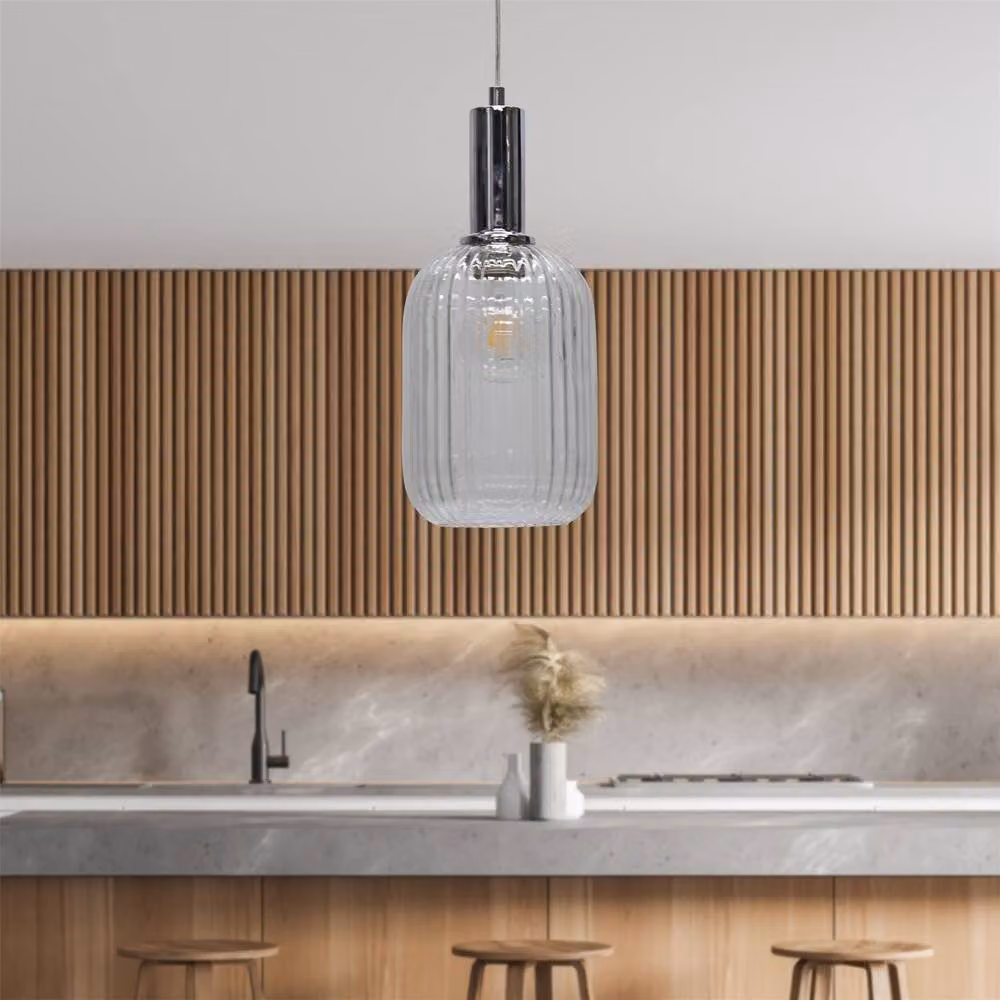 First Choice Lighting Batley Set of 2 Chrome Deco Pendant Fittings with Transparent Ribbed Glass – 2