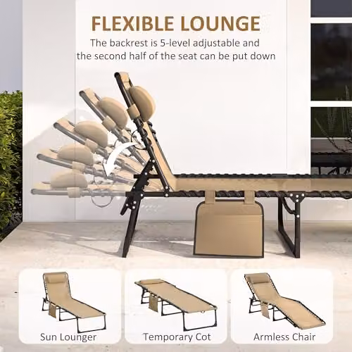 Outsunny Portable Folding Camping Bed Cot with Adjustable Headrest and Side Compartments, Beige, W/D/H: 190 x 68 x 30 cm – 4