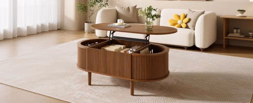 Merax Walnut Oval Lift Up Coffee Table with Fluted Storage Base in Brown – 3