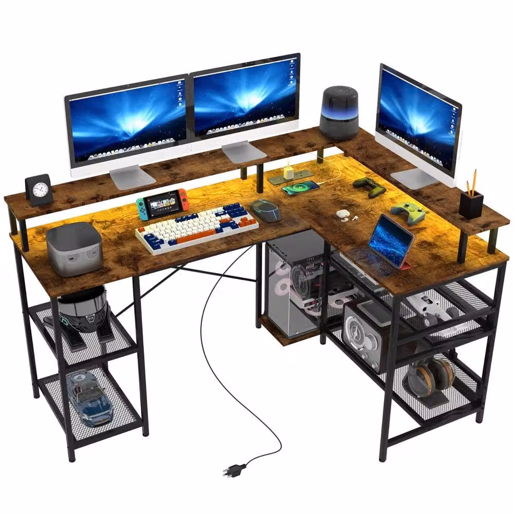 FURNOS Industrial L Shaped Corner Computer Desk with USB Outlets and LED Lights, Brown, W: 150 cm, D: 102 cm, H: 76 cm – 5