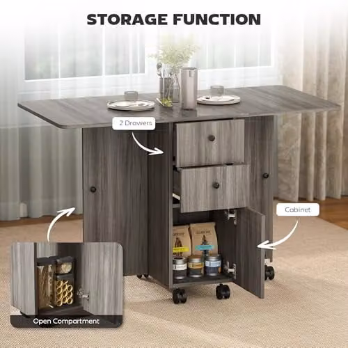 HOMCOM Grey Folding Dining Table with Drop Leaf and Castors, W/D/H: 120 x 60 x 76.5 cm – 6