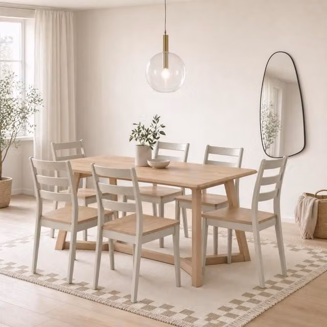 Furniturebox UK Lulworth Rectangular Rubberwood Dining Table and 6 Lynton Chairs in Light Grey