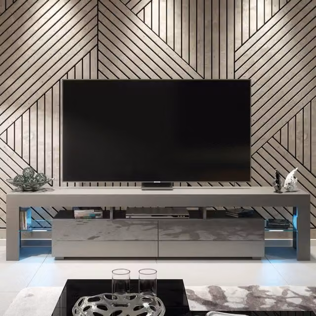 Creative Furniture Nova TV Unit in Dark Grey with Glossy Doors and LED Lights, W: 200 cm, D: 45 cm, H: 35 cm