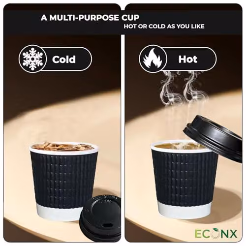 ECONX 500 x 4oz Black Disposable Kraft Paper Ripple Cups with Lids, Leak Proof Insulated Triple Wall Takeaway Coffee Cups – 4
