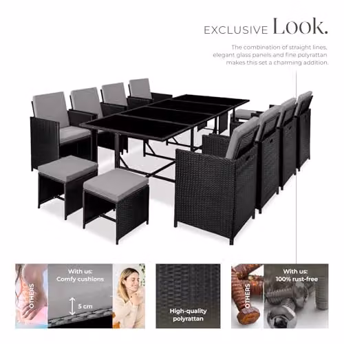 tectake Polyrattan Garden Furniture Set in Black and Grey, Including 8 Dining Chairs, 1 Table, 4 Stools and a Matching Ottoman for Up to 12 People – 3