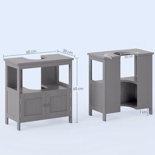 kleankin Pedestal Under Sink Bathroom Cabinet with Double Hinged Doors and Internal Shelves, Light Grey – 3