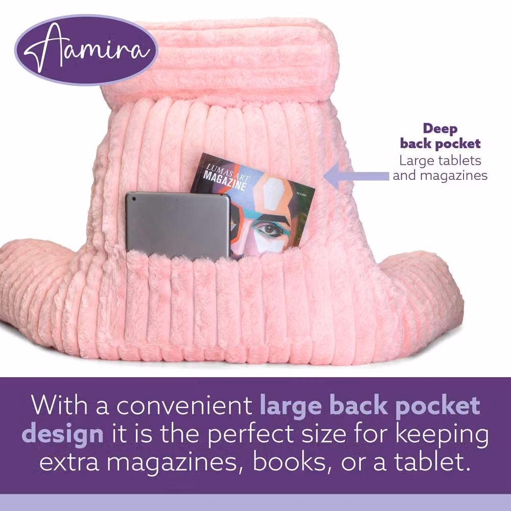 Aamira Pink Faux Fur Ribbed Memory Foam Reading Pillow Wedge Support Cushion – 6