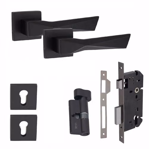 Golden Grace Aura Euro Lock Long Backplate Door Handle Set in Matt Black – 1