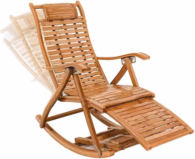 FORGEVIO Folding Bamboo Recliner Sun Lounger in Natural Sand Brown with Adjustable Headrest – 1