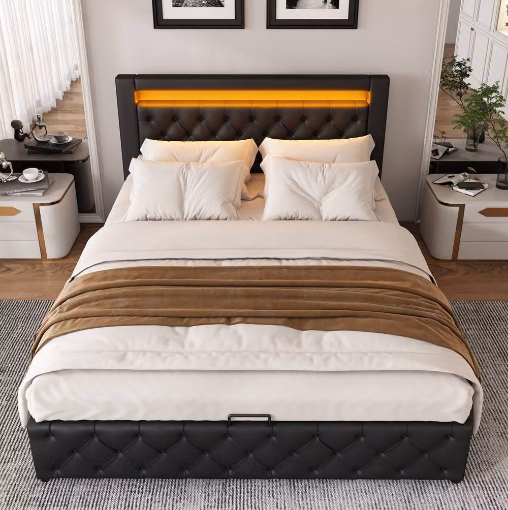 STILVORA Modern Upholstered Double Bed in Black Synthetic Leather with Storage and LED Under-bed Lighting, W/D/H: 135 x 190 cm – 3
