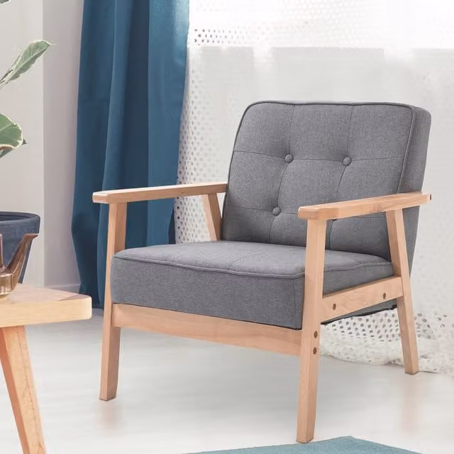 HOMCOM Retro Lounge Chair with Beech Wood Frame and Grey Fabric Upholstery