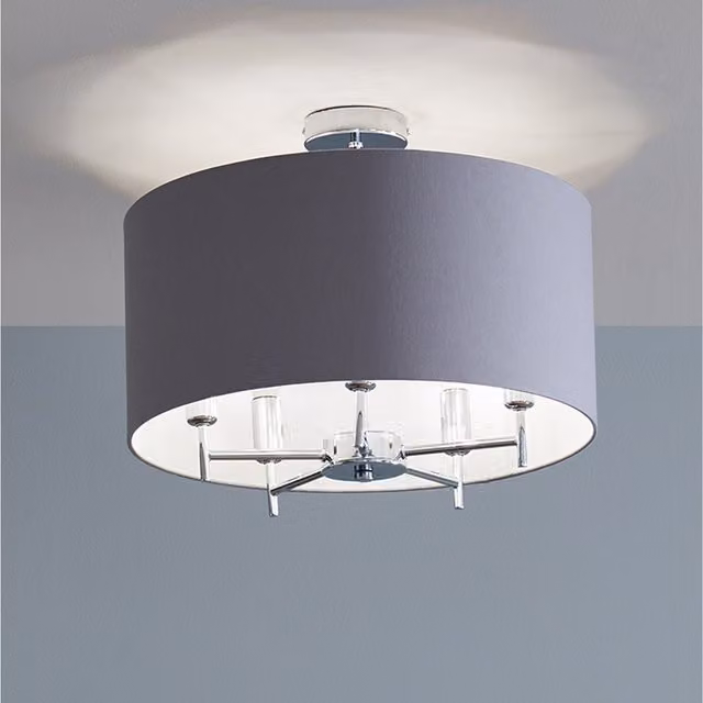 Pacific Lifestyle Large Cylinder Linen Ceiling Pendant Light in Grey and Silver – 1