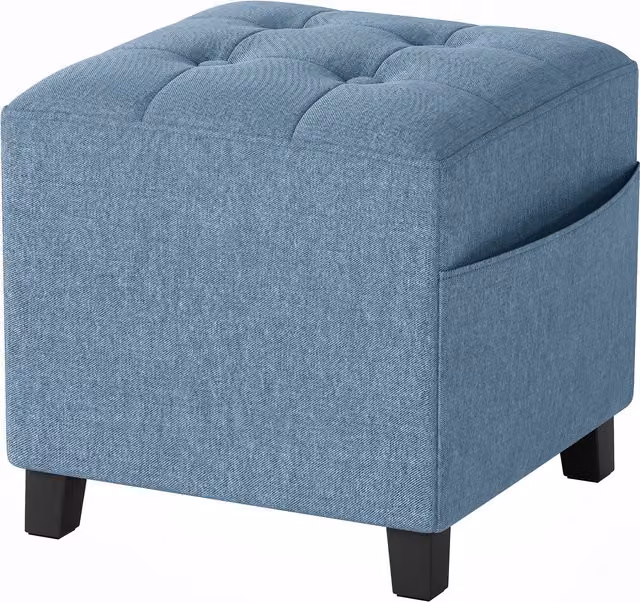 HOMCOM Small Square Ottoman Footstool with Side Pocket and Rubberwood Legs in Dark Blue – 1