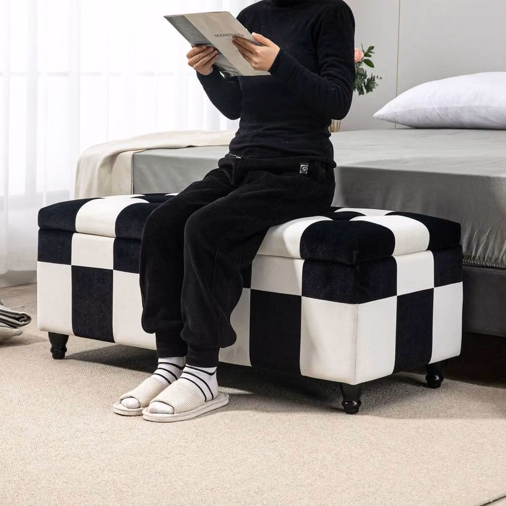 Wyld Haus Tava Velvet Storage Bench in Black and White with Wooden Legs – 7