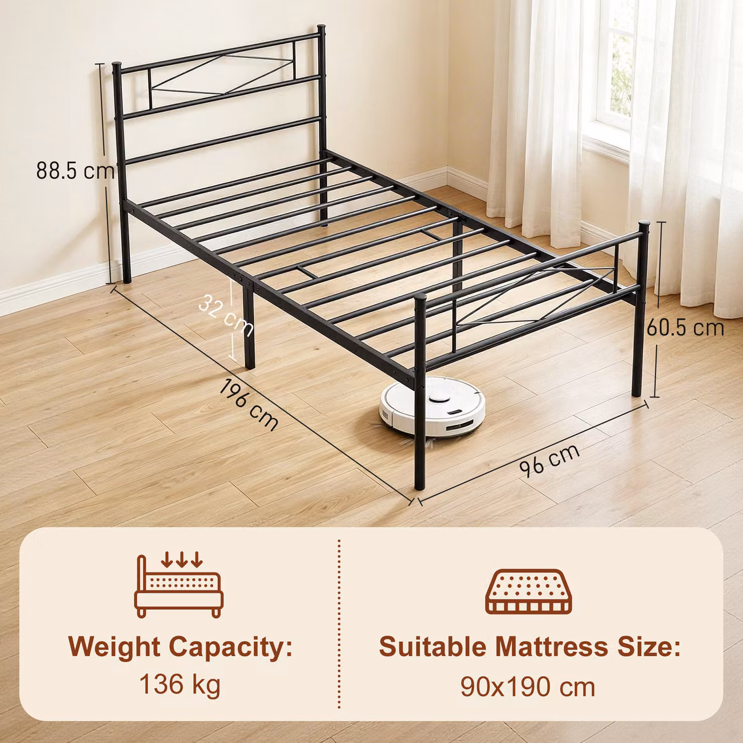 HOMCOM Single Metal Bed Frame with Headboard and Footboard in Black, W/D/H: 90 x 190 cm – 3