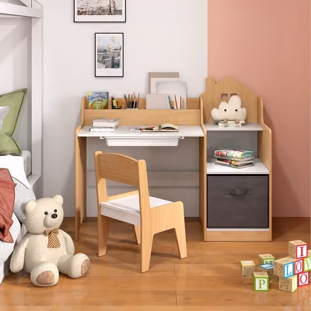 Costway Childrens Wood Desk and Office Chair Set in Beige and Brown