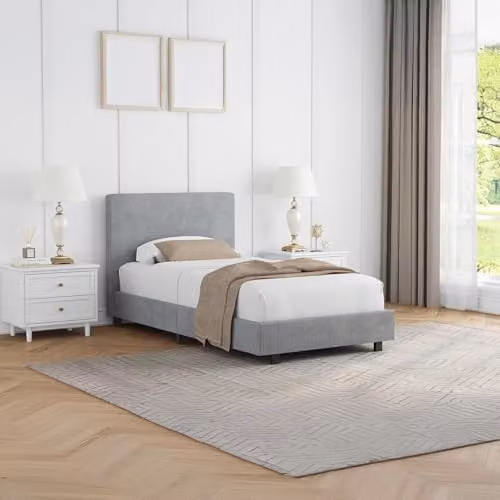 FWStyle Single Grey Ribbed Upholstered Fabric Bed with Tall Headboard – 2